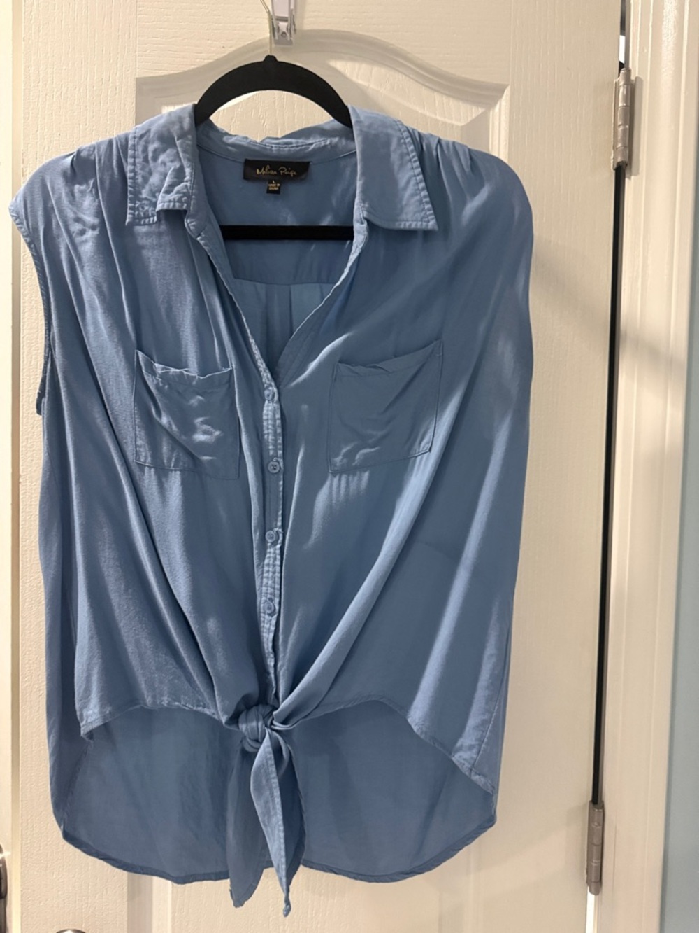 Melissa Paige Sky Blue Sleeveless Tie-Front Button Down